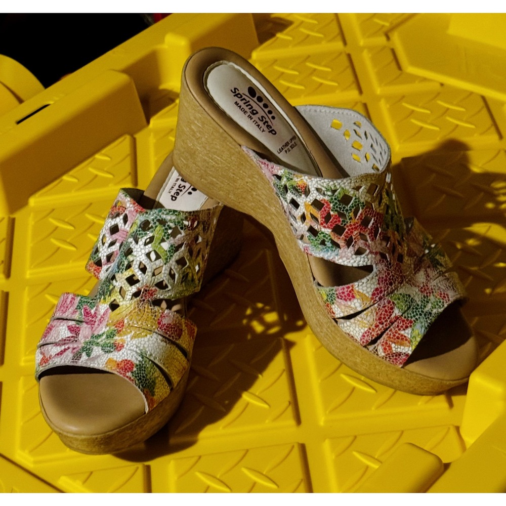 Spring Step Multicolor Leather Cutout Wedge Sandals Size 38/8 Made‎ in Italy - Picture 3 of 6